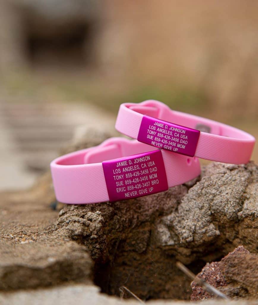 ROADiD Pink for a Purpose pink bands with pink metal altert badge.
